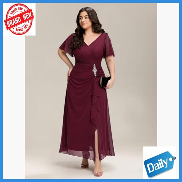 Plus Size V-Neck Chiffon Maxi Dress with Rhinestones Slit Formal - Picture 4 of 6